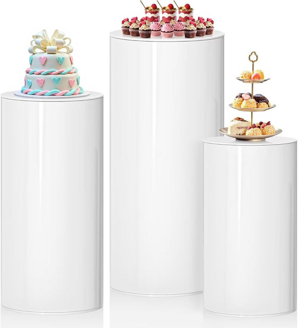 3Pcs White Cylinder Pedestal Stands, Thickened PVC Round Pedestal Display Plinth Pillars for Wedding Birthday Babyshower Decoration Art Decor