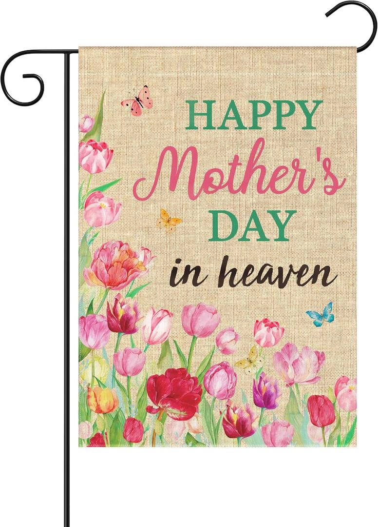 WATINC Happy Mother's Day in Heaven Garden Flag, Grave Decorations Double Sided 12 x 18 Inch Linen Flag, Memorial Tulip Floral Butterflies Farmhouse Yard Mom Mama Grandma Cemetery Decor for Grave