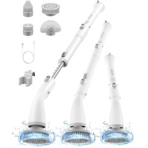 HiCOZY Electric Spin Scrubber HS1, Cordless Shower Scrubber for Cleaning with 4 Replaceable Brush Heads Adjustable Extension Handle, IPX7 Waterproof Cleaning Brush for Bathroom Floor White