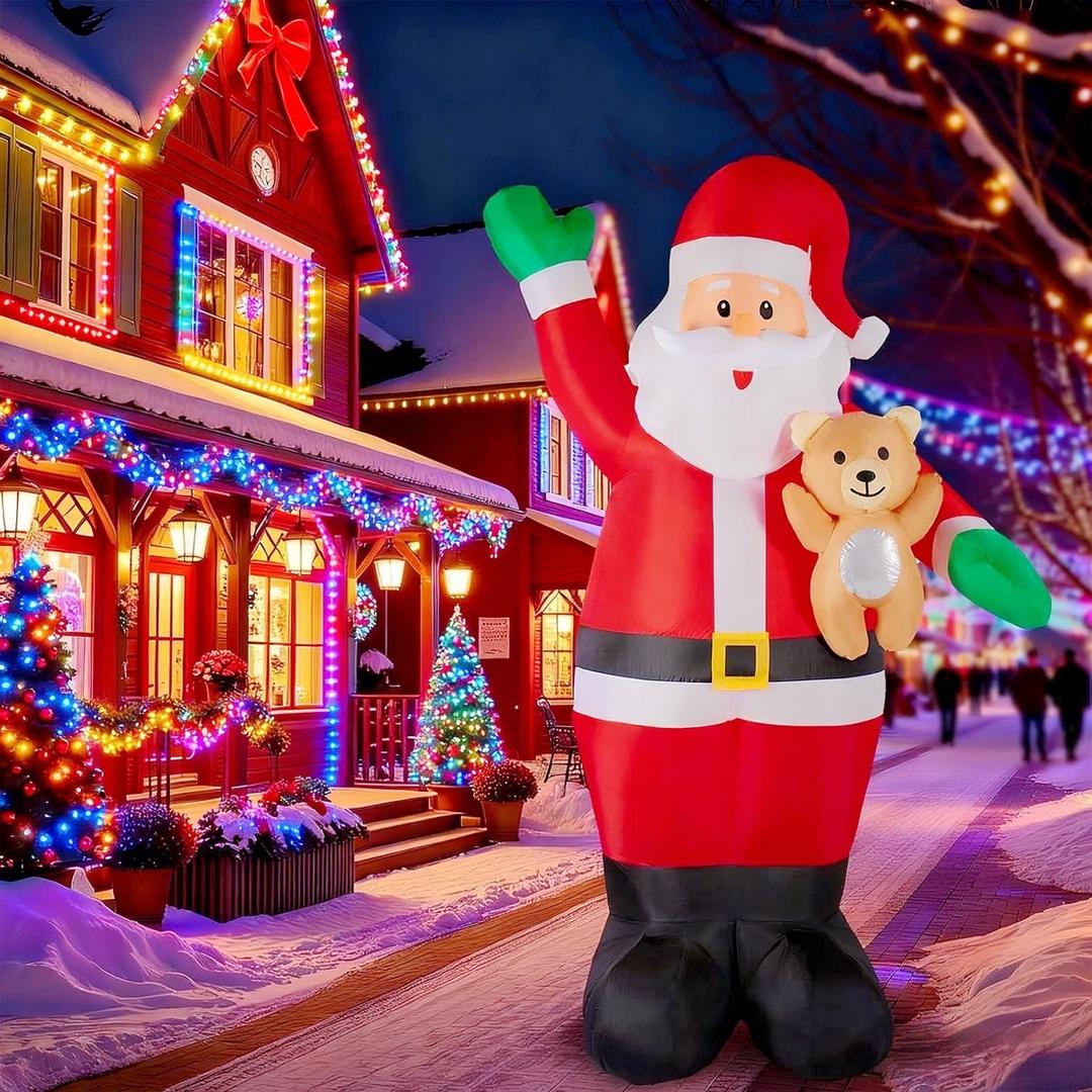 8.5FT Inflatable Christmas Santa with LED Lights & Bear, Outdoor Christmas Blow Ups for Yard Holiday Party Garden Lawn, AllWeather Waterproof Design, Includes Blower Motor & Stakes​