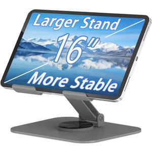 Larger Metal Tablet Stand, Adjustable 360 Rotation Tablet Holder Compatible with 4-16" Tablet Such as iPad Pro Air, iPad mini, Tab S10 Ultra, Grey