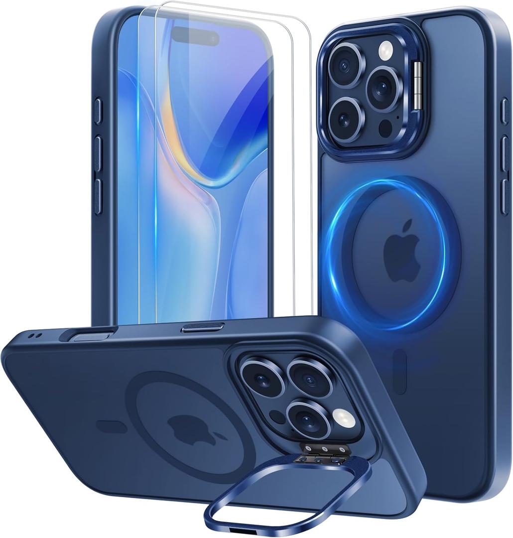Mitywah for iPhone 16 Pro Max Case with Stand, 2X [Tempered Glass Screen Protector] Military-Grade Drop Protection N52 Magnetic Phone Case, Matte Translucent Slim Case Skin-Friendly Touch, Blue
