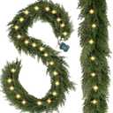 9.2 FT Pre-lit Christmas Cedar Garland Realistic Artificial Pine Needle Garlands Faux Cypress Greenery Garland with 50 Lights for Christmas Table Mantle Wall Room Outdoor Indoor Winter Decoration