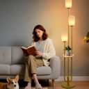 Lightdot Gold Dimmable Floor Lamp with Shelf Modern Floor Lamps with Oval Striped Lampshade 3000K Bulb Included 3-Lights Candle Holder Style Tall Lamp for Living Room/Bedroom/Sofa Beside/Corner Decor