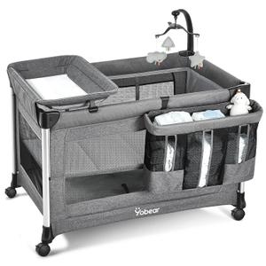 4-in-1 Baby Bassinet with Mattress - One-Push Setup Playard - Bedside Crib with Diaper Changer from Newborn to Toddler (Grey)