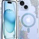 Coolwee Clear Glitter for iPhone 15 Plus Case Magnetic, Compatible with MagSafe, Thin Flower Slim Cute Crystal Lace Bling Women Floral Hard Back Soft TPU Bumper Protective Cover Mandala Henna