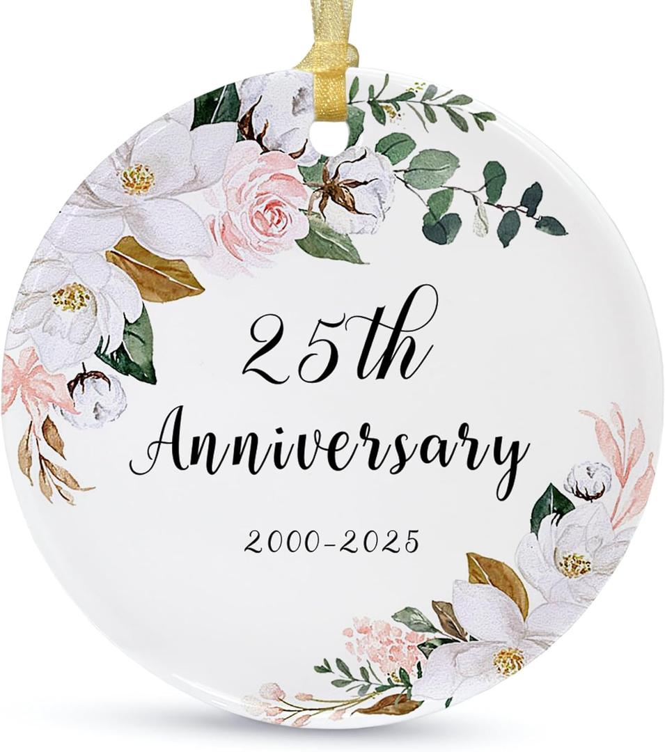 SIABERTERL 25th Anniversary Ornament 2025,25th Anniversary for Couple Parents,25 Years Anniversary Ceramic Ornament for Home Weddings with Ribbon and Love Color Gift Box