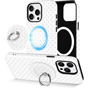 Jusy Compatible with Magsafe Polka Dot Phone Case for iPhone 13 Pro Max, Cute Aesthetic Magnetic Ring Holder Stand Case, Soft TPU and Hard PC Protective Phone Cover for Women Girls - White Polka Dot