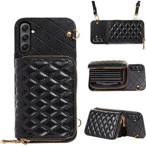 Compatible with Samsung Galaxy S24 Plus S24+ 5G Zipper Wallet Case with Crossbody Shoulder Strap, 8 Card Slots and Leather Stand Cell Phone Cover for S24plus 24S + S 24 24+ Women Girls Black