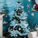 6 Pcs Large Coastal Christmas Ornaments 9.8 Ocean Beach Artificial Poinsettias Christmas Tree Decor Blue Glitter Poinsettia Flower Picks with Starfish Sea Shells for Xmas Tree Decor Wreath Garland