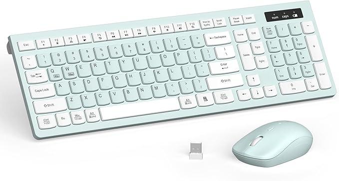 Wireless Keyboard and Mouse Combo, FullSized Wireless Keyboard and Adjustable DPI Mouse, 2.4GHz USB Receiver, Keyboard and Mouse for PC, Windows, Desktop, Laptop (Mint Green and White)