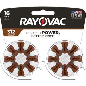 Rayovac Size 312 Hearing Aid Batteries, Hearing Aid Batteries Size 312, 16 Count (Brown Tab)