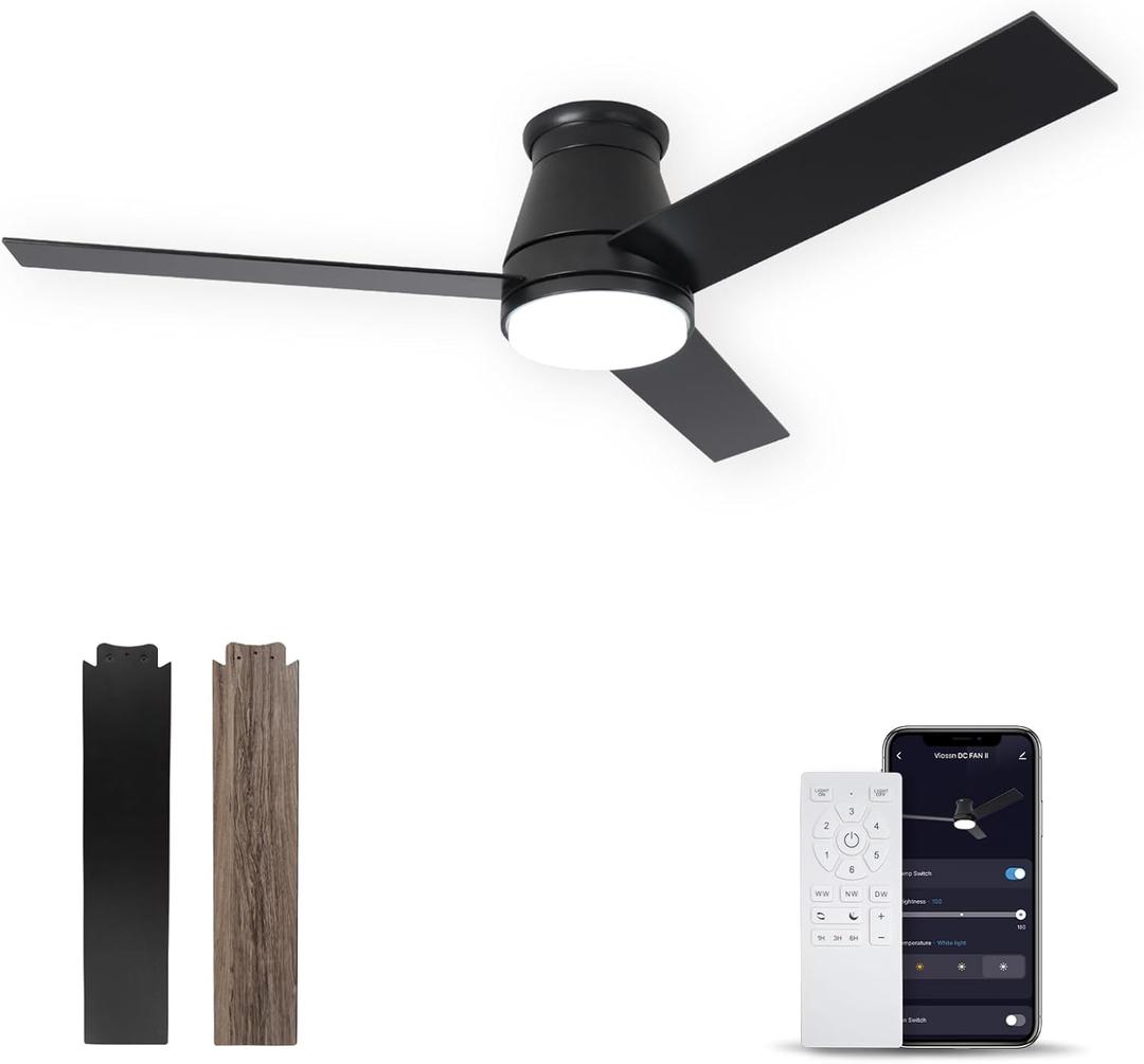 52-Inch Flush Mount Ceiling Fan, Smart Low Profile Ceiling Fan With Light, Matte Black 6-Speed With Remote/App, Dimmable, for Patios, Bedroom, Living Room