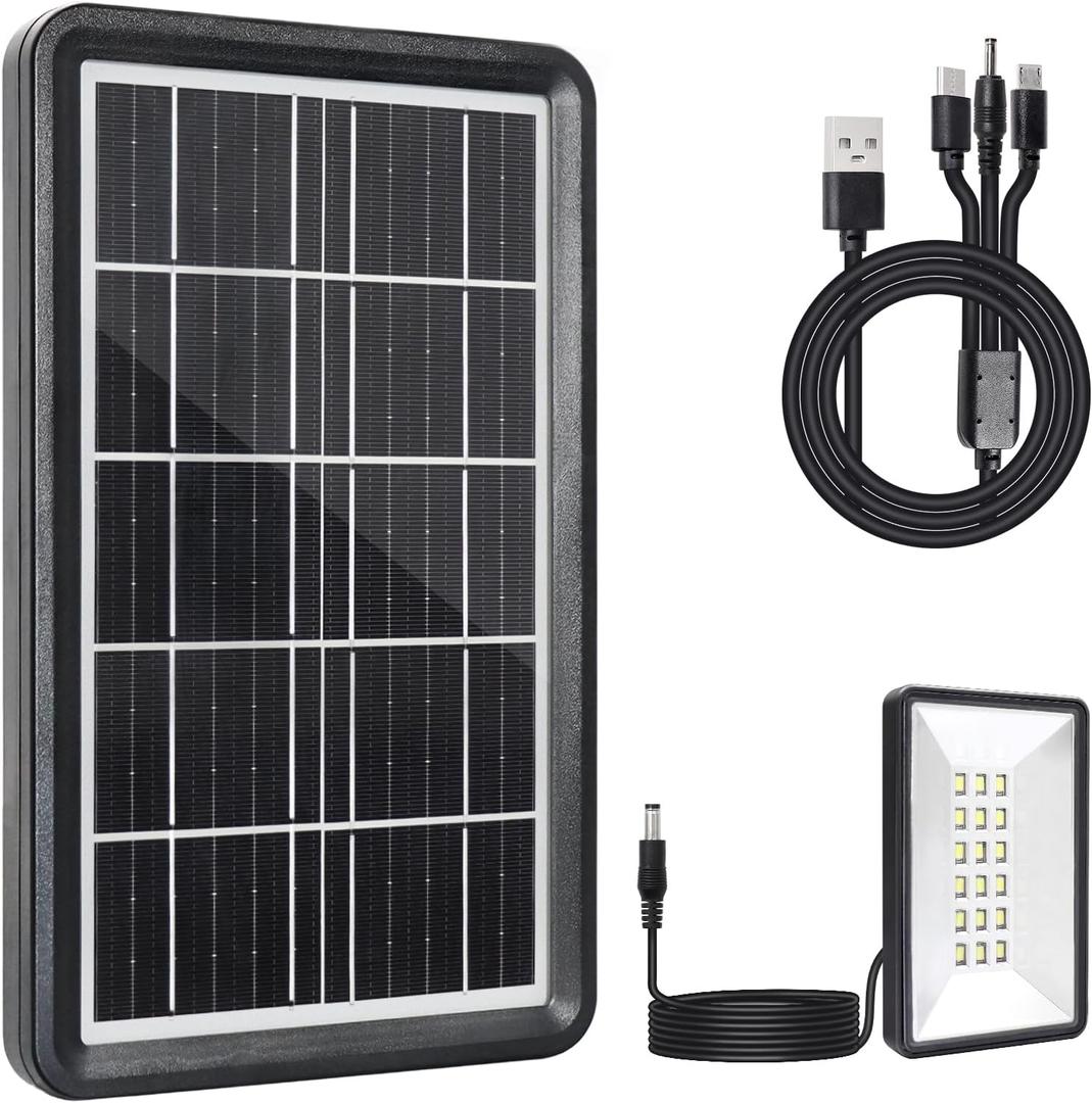 6V 5W Solar Panel with Built-in 2400mAh Rechargeable Lithium Battery and LED Light, Solar Battery Charger Kit with USB 5V Output for Outdoor Camping Lighting, Safety Cameras, Phones, Small Fans