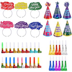 44Pcs New Years Eve Party Supplies Colorful Happy New Year Decoration Set New Year Headband Tiara Hat Noise Makers Bulk for Gifts Party Favors Decor