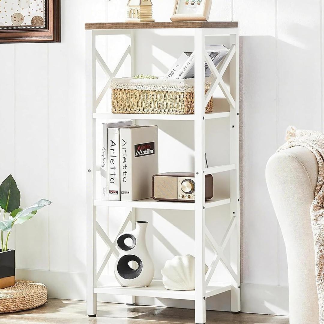 Small Bookshelf,4 Tier Industrial Bookcase with Metal Frame and Backboard, Narrow White Book Shelf, Book case for Small Spaces, Living Room, Bedroom and Home Office (4-Tier (15.7"W x 11"D x 39.5"H))