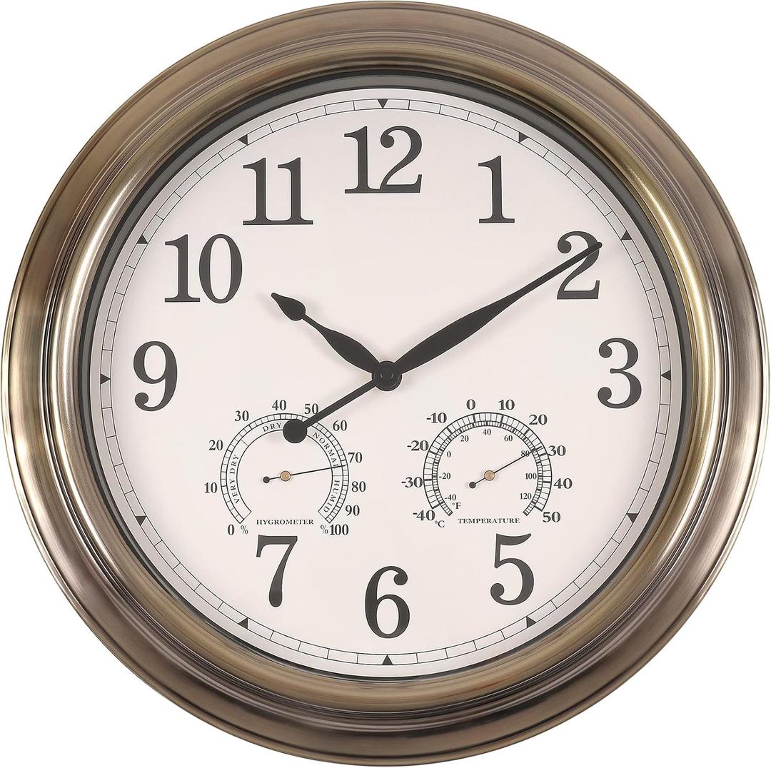 16 Inch Outdoor Clocks, Metal-Frame Outdoor Clocks Waterproof, Silent Outdoor Wall Clock for Patio Pool, Bronze