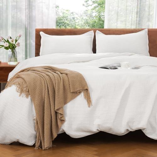 VALUXE Duvet Cover Set Twin Size 100% Cotton,White Waffle Weave Soft and Breathable 2 PCs Bedding Set (1 Duvet Cover and 1 Pillow Sham)