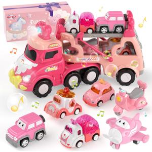 Toddler Girl Truck Toys for 2 3 Year Old Girl Birthday Gifts, 7-in-1 Pink Princess Car Transport Carrier Trucks for Toddlers 2-4, Friction Power Toy Cars with Lights & Music, My daughter First Gift