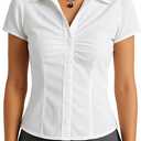 SUNNOW Women's Pleated Bust Button Down Shirt Tie Back Fitted Short Sleeve Blouse Casual Tops (White, M)