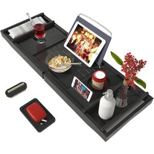 Bath Caddy Tray for Bathtub - Bamboo Adjustable Organizer Tray for Bathroom with Free Soap Dish Suitable for Luxury Spa or Reading (Black)