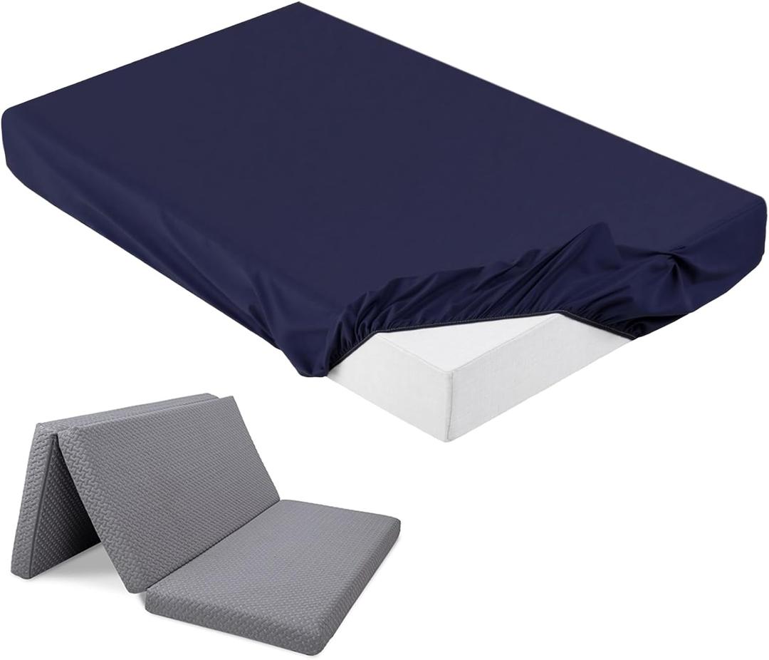 Breling Fitted Sheet (Sheet Only) Compatible with Milliard Trifold Mattress Folding Mattress Fitted Microfiber Bedsheet for Camp Bunk Rvs Bed (Queen,4'',Navy Blue)