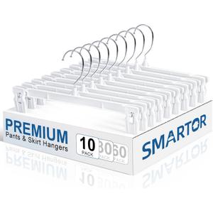 Smartor Skirt Hangers | Pants Hanger with Clips | Space Saving| Durable| Strong Clips| Pant Hanger for Men| White Hangers Clips for Women Shorts, Jeans, Slacks - 10 Pack