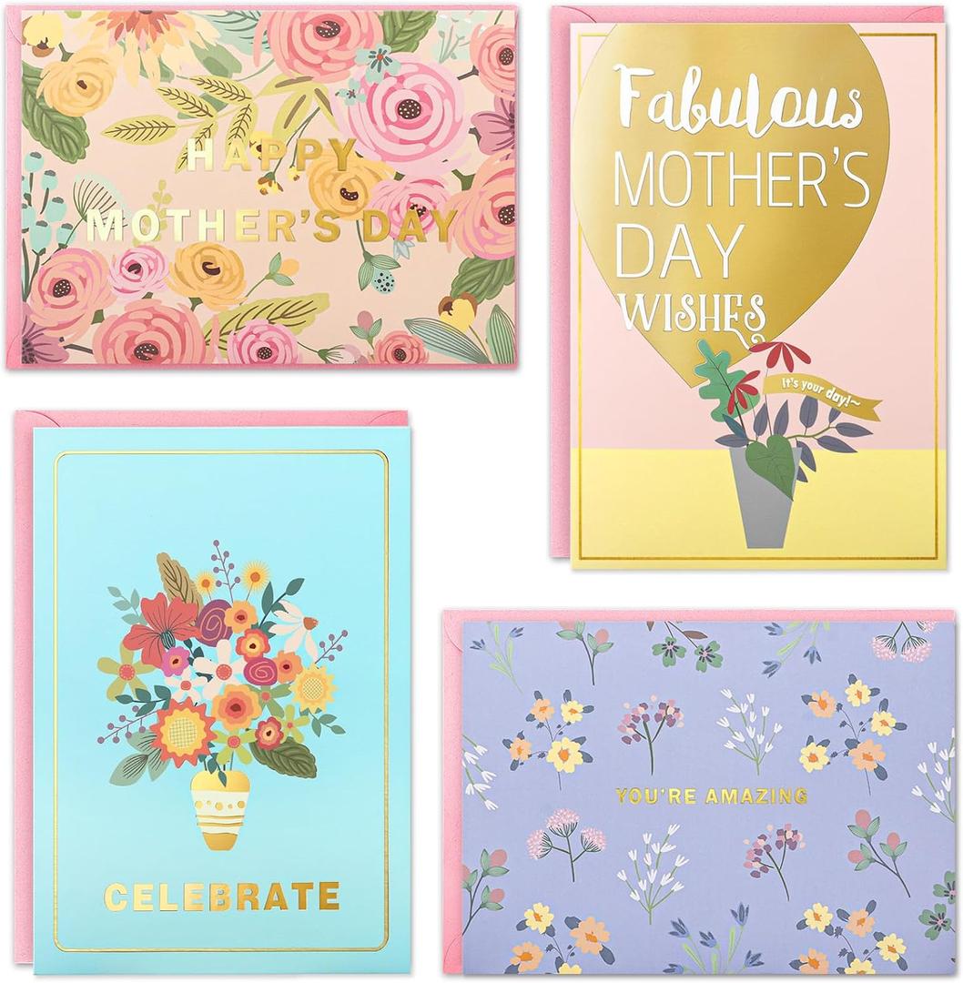 EACYART Mothers Day Cards Assortment, 20 Pack Mothers Day Cards Boxed with Envelopes & Stickers, Bulk Cute Gold Foil Card for Mom, Mothers Day Gifts