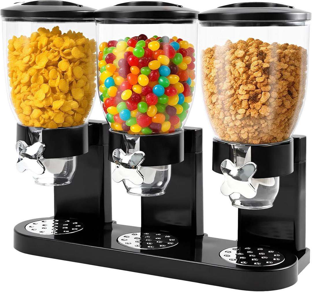 Triple Cereal Dispenser Countertop - 3 Pack 2L Large Cereal Containers Storage Airtight, Rotating Black Plastic Dry Food Dispenser for Cereal, Rice, Grains, Candy, Coffee Beans