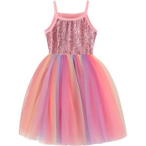 Baby Girls Tutu Dress Long Sleeve Toddler Sleeveless Dresses Infant Tulle Sundress (12 Months, 0-1sequin Pink Rainbow)