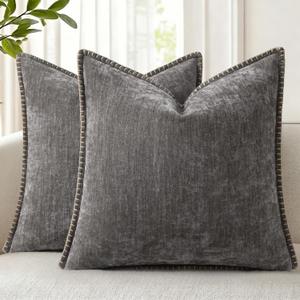 decorUhome Fall Chenille Soft Throw Pillow Covers 26x26 Set of 2, Farmhouse Velvet Neutral Decorative Euro Sham Pillow Covers with Stitched Edge for Couch Sofa Bed Home Decor, Dark Grey
