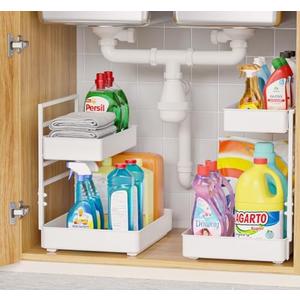 EVERIE Height Adjustable 2 Tier Metal Pull Out Slide Shelf Organizer for Under Sink Cabinets in Kitchen, Bathroom, with Snap-on Top Tray, 16" Deep (White, 2 Sets)