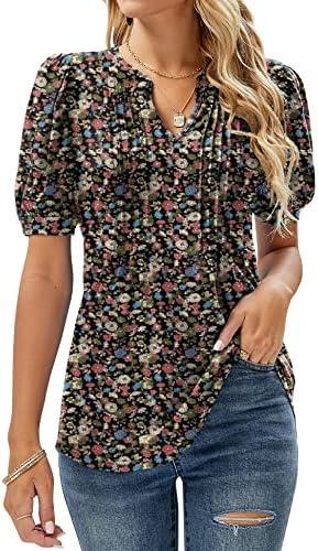 Micoson Womens V Neck Puff Short Sleeve Pleated T Shirts Fashion Summer Tops Casual Tunic Blouse, Medium 