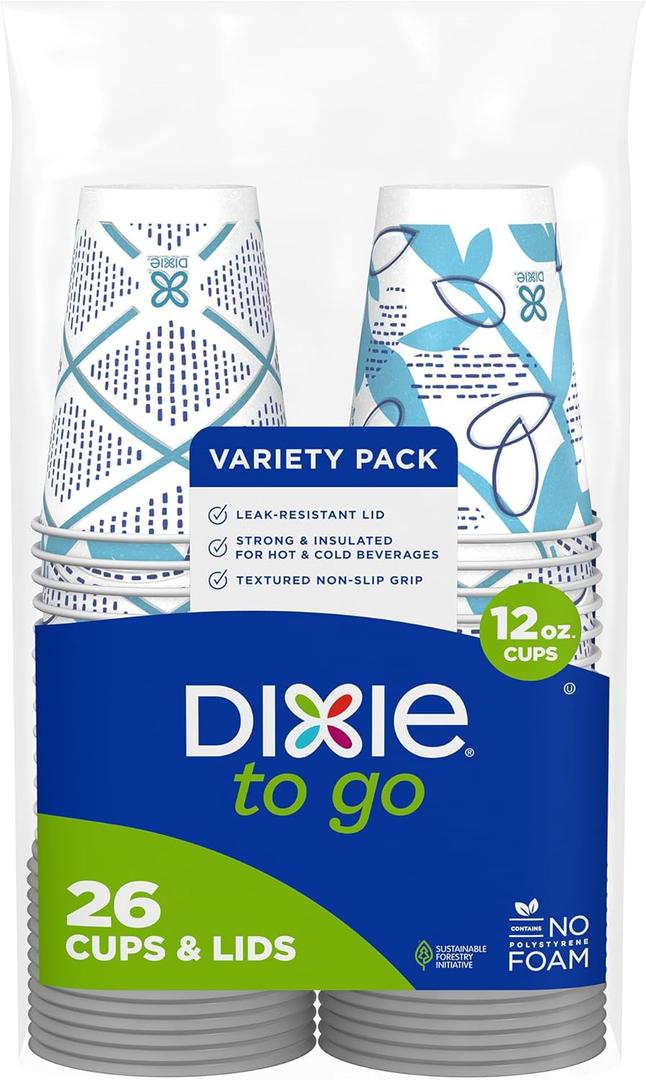 Dixie To Go Paper Coffee Cups With Lids, 12 oz, 26 ct, Disposable Insulated Paper Cups for On-The-Go Hot or Cold Beverages