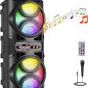 TWS Portable PA Speaker System with Dual 6.5 Inch Woofer, Wireless Bluetooth Speaker with Wired Microphone, Remote, FM Radio, Party Lights, Outdoor Karaoke Machine for Events, Camping, Travel