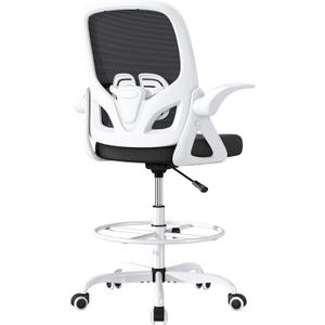 Drafting Chair, Tall Office Chair with Flip-up Arms, Mesh Ergonomic Computer Standing Desk Chair with Adjustable Height Foot Ring and Lumbar Support, 300 LBS Capacity, White