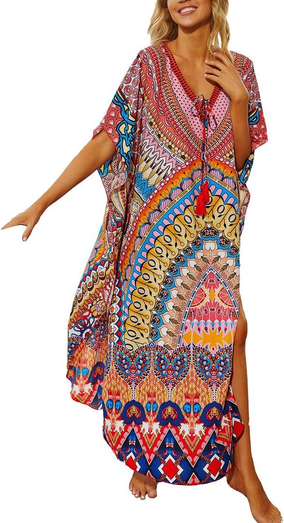 Eddoyee Loose Beach Kaftan Dresses for Women Caftan Swimsuit Cover Up (Print 6)