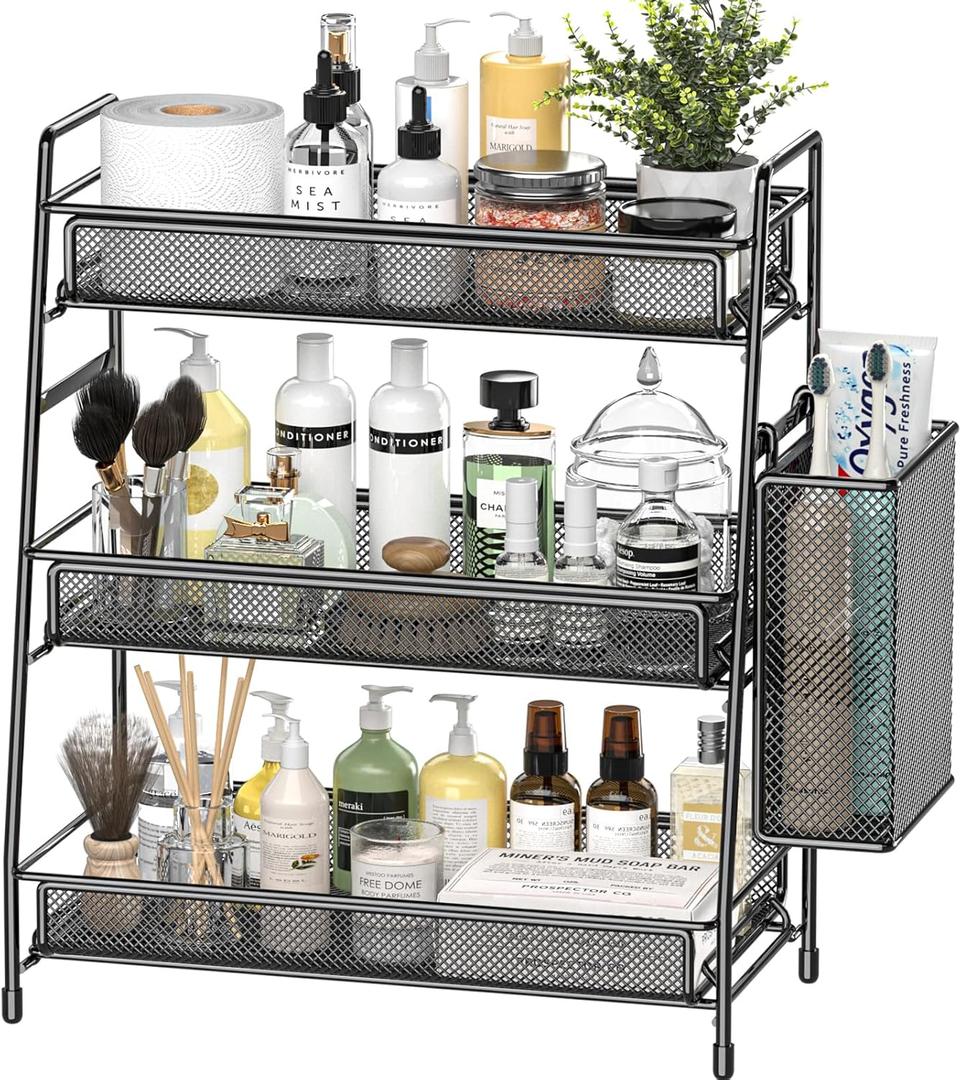 EKNITEY Bathroom Countertop Organizer Shelf - 3 Tier Counter Spice Rack Metal Makeup Rack Small Coffee Station Organizer for Sink/Bedroom/Living room/Kitchen/Office (Black with Basket)