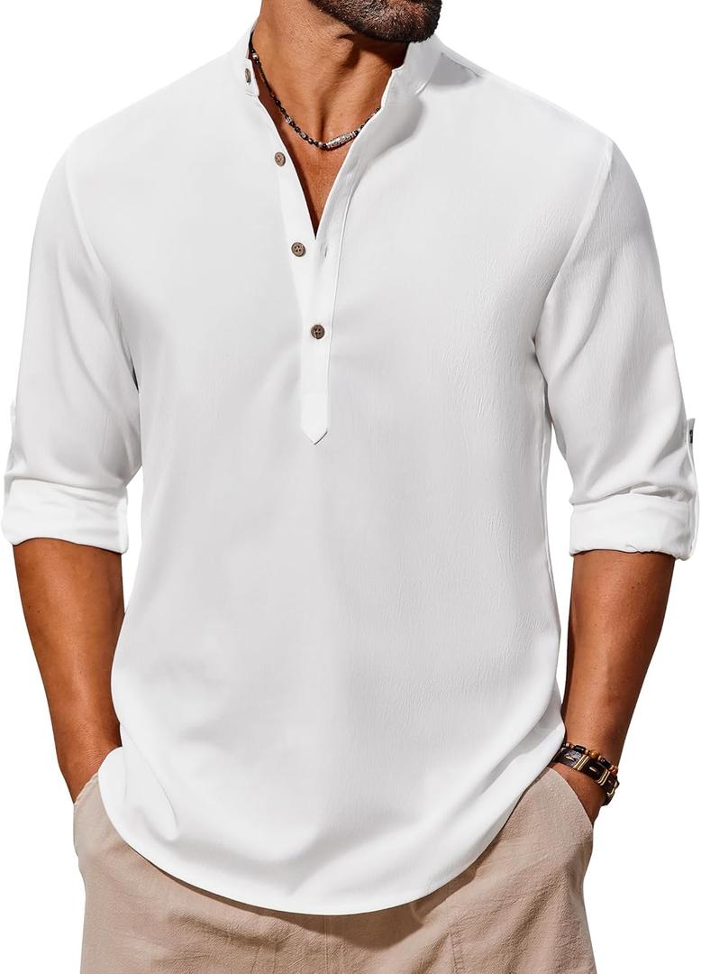 COOFANDY Men's Casual Henley Shirts Long Sleeve Band Collar Lightweight Beach Shirts Summer T-Shirts (White, S)