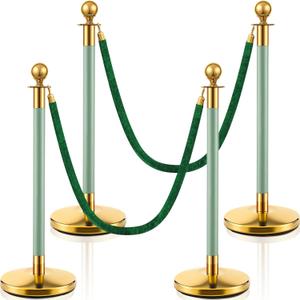 Landhoow Stanchions and Velet Ropes 4 Pcs, Hollow Base with Stainless Steel Post, 2 Green Velvet Ropes, Crowd Control Barriers Gold Stanchions for Wedding Ceremony, Reception & Party Event Decor