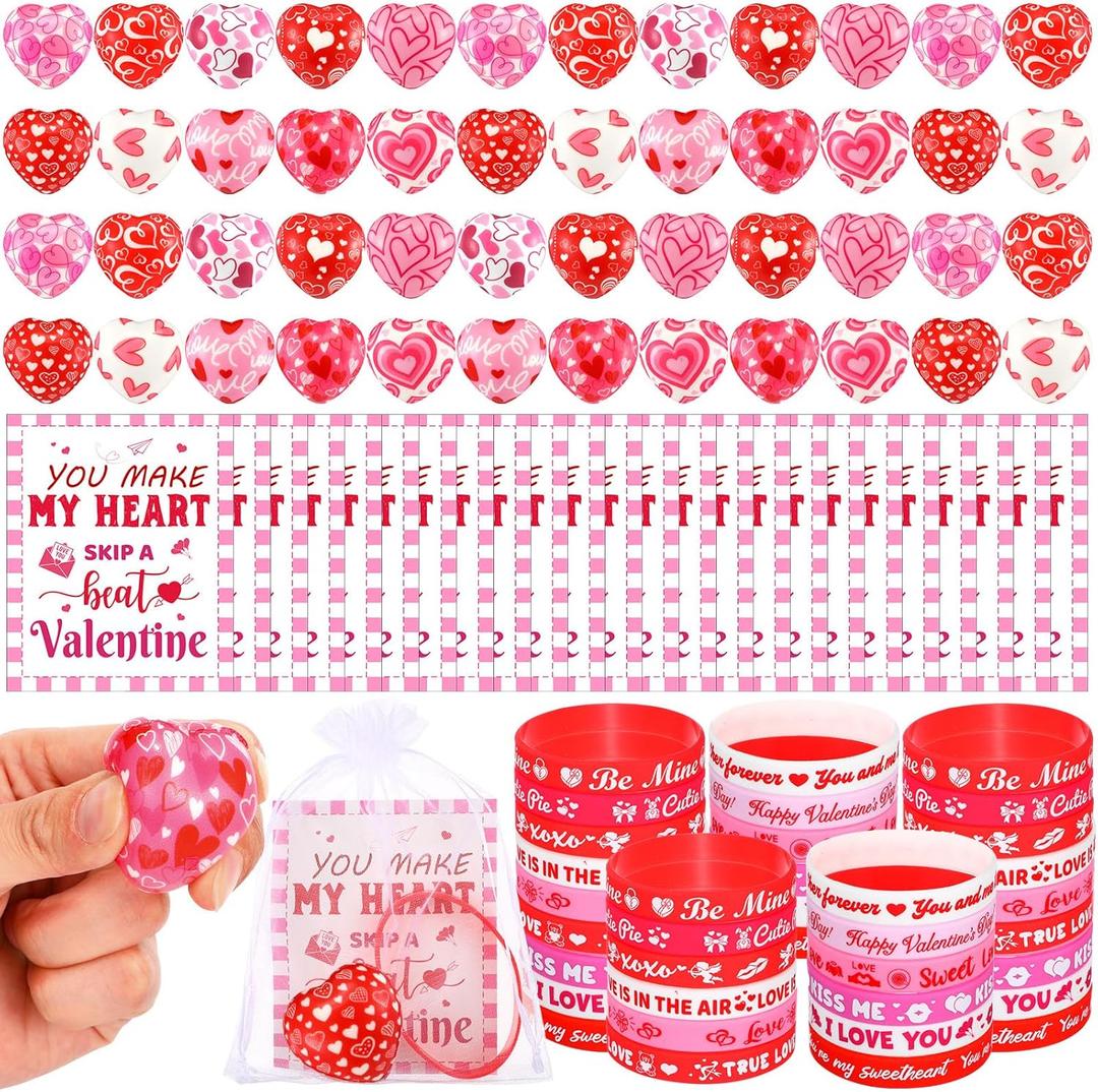 Skylety 48 Sets Valentine's Day Heart Stress Ball and Valentines Silicone Bracelets Bulk Mini Heart Shaped Stress Relief Fidget Rubber Wristbands with Card for Valentine Party Favors Exchange Gifts