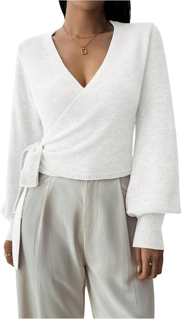 SHENHE Women's Casual V Neck Wrap Sweater Pullover Long Sleeve Slim Fit Knit Crop Top Sweater (Medium, White)