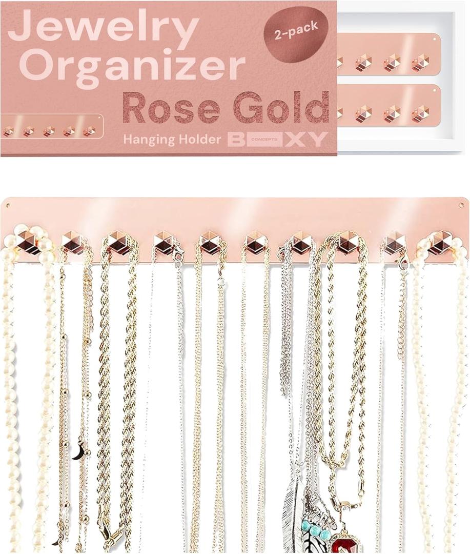 Boxy Concepts Necklace Holder Organizer - 2-Pack Rose Gold 10.5 x 1.5 in Wall Mount Hanging Rack - 10 Hooks for Necklaces, Earrings & Keys - Jewelry Storage - Adhesive & Screw Installation