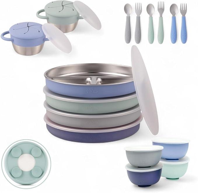 Elk and Friends Kids Stainless Steel Mealtime Bundle | Plates, Bowls, Snack Cups + Toddler Utensils | Silicone Suction Sleeves + Travel Storage Lids | For Meals + Snacks | Dishwasher Safe
