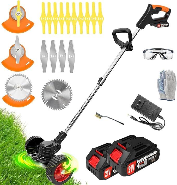 Cordless Weed Wacker Eater Electric Battery Powered, 21V Lightweight Weed Trimmer Edger Lawn Tool with 2Pcs 2000mAh Battery, 3 in 1 Stringless Grass Trimmer/Edger/Brush Cutter for Garden Yard Lawn