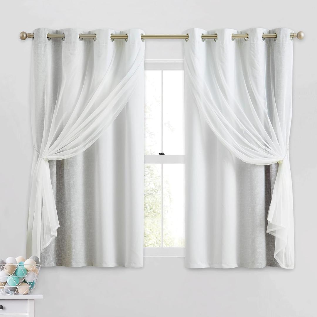 Ombre 100% Blackout Curtains 54 Inches Long 2 Panels for Bedroom Living Room Grey and White Double Layer Sheer Overlay Mix & Match Grommet Thermal Soundproof Drapes with Tiebacks, 52x54
