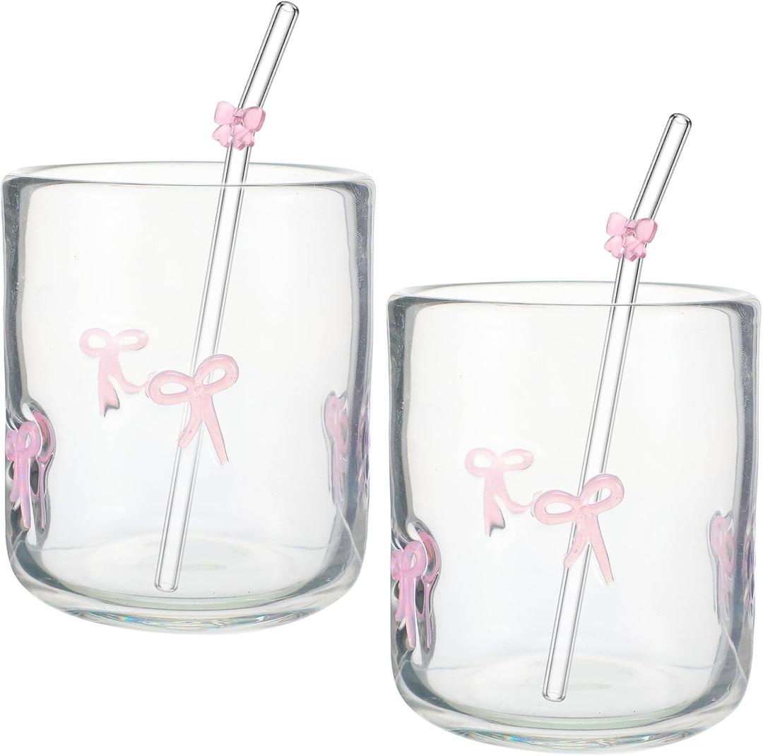 Skylety 2 Set 2 Pink Bow Icon Juice Glass with 2 Pink Bow Glass Straws Bow Aesthetic Cup 14 Ounce Double Old Fashioned Icon Handblown Cocktail Glass for Women Sister Friend Party