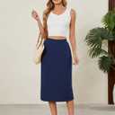 Naggoo Midi Skirts for Women Summer Elastic High Waisted Basic Straight Skirt with Slit (Blue, L)