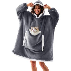 JOYWOO Wearable Blanket Hoodie, Birthday Gifts for Women Men Mom, Oversized Hooded Blanket for Adult, Cozy Fuzzy Sherpa Sweatshirt Blanket with Giant Pocket,Grey