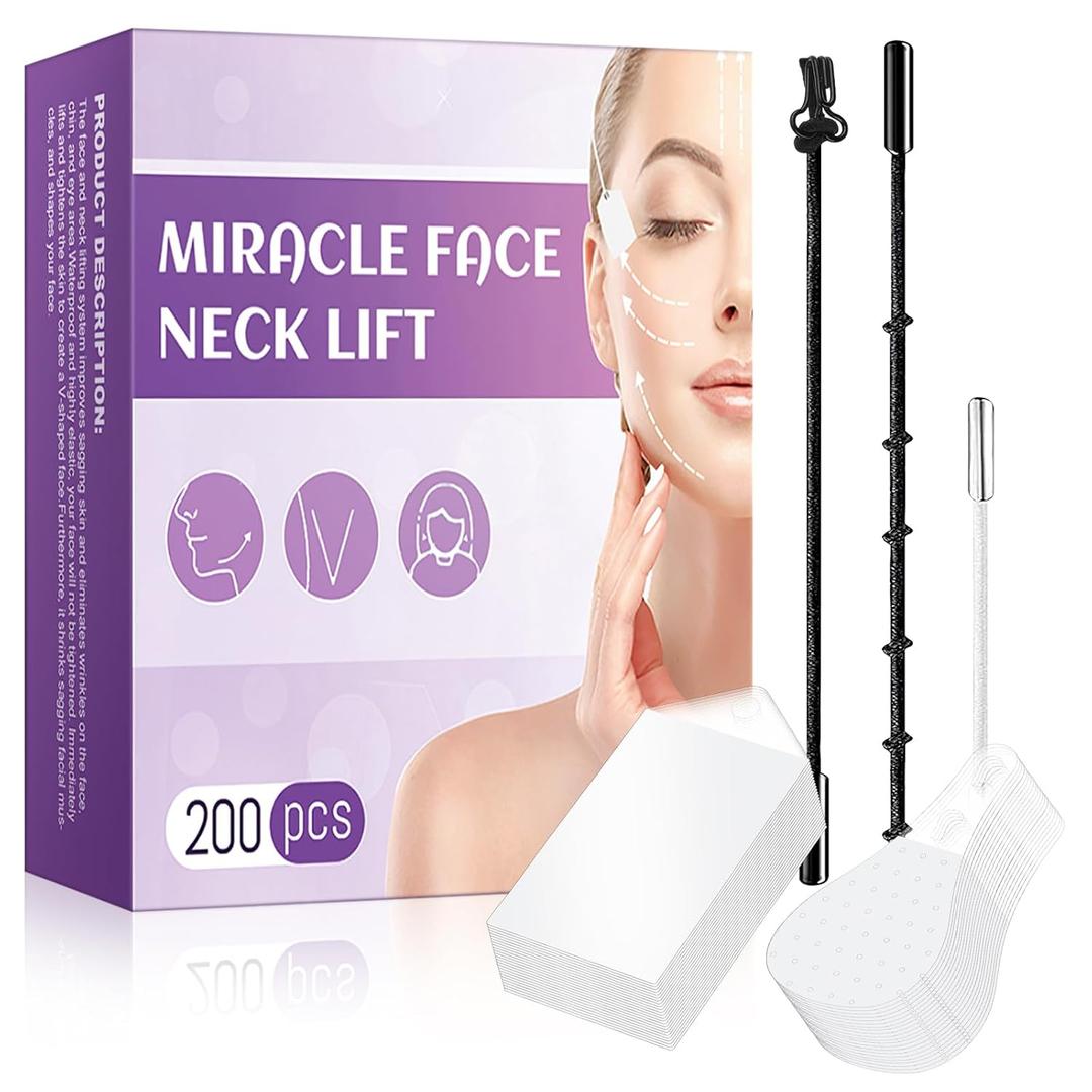 Face Lift Tape 200PCS Bands Instant Facelift Tape for Wrinkles, Double Chin, and Sagging Skin Waterproof & Transparent Lifting Tapes with Elastic Bands (200PCS)